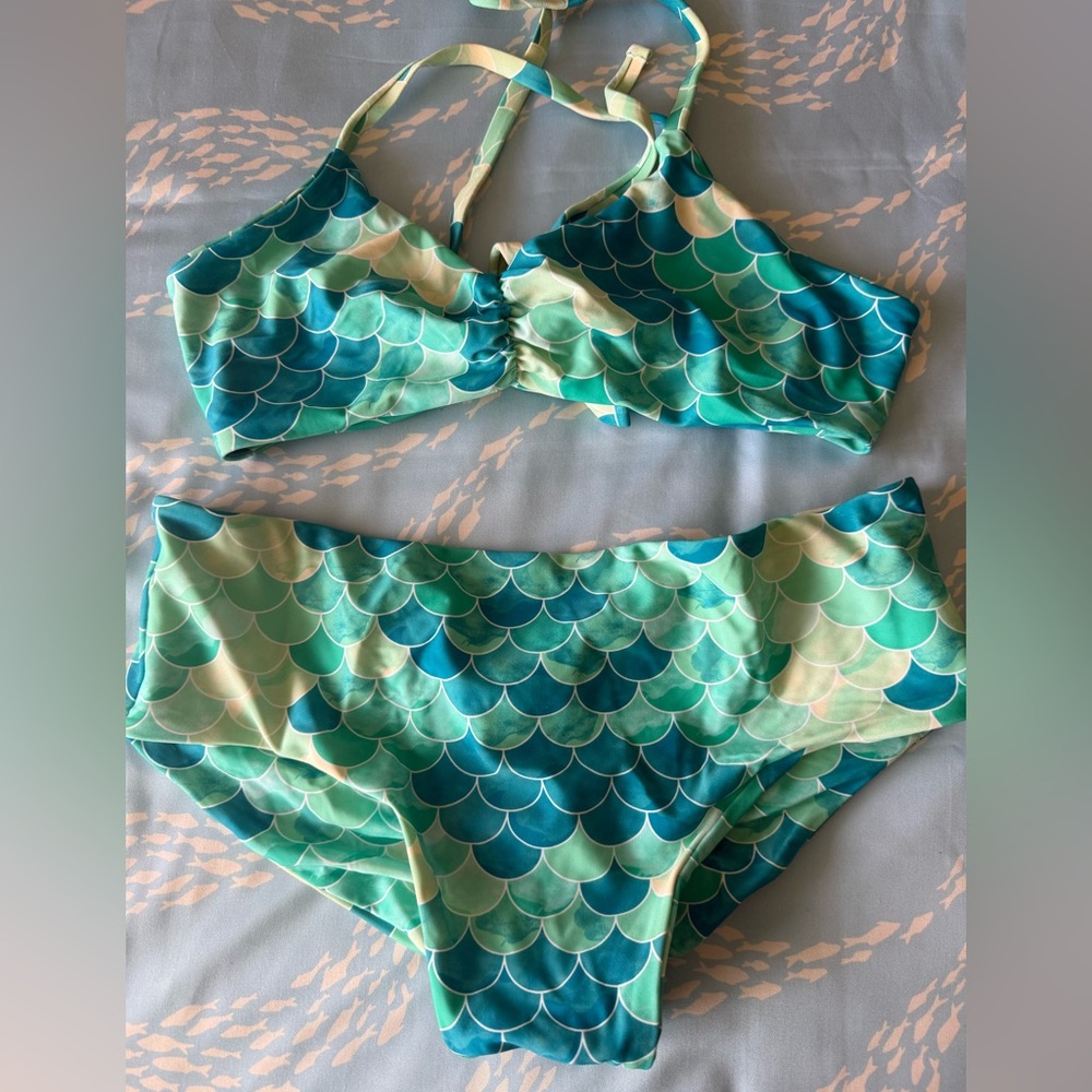 Women’s Mermaid Scallop Print Bikini Set - Teal & Aqua